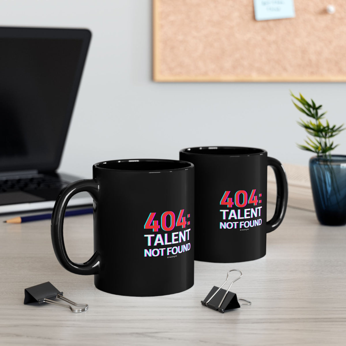 "404: Talent Not Found" Black Coffee Mug — Funny Programmer / Developer Gift