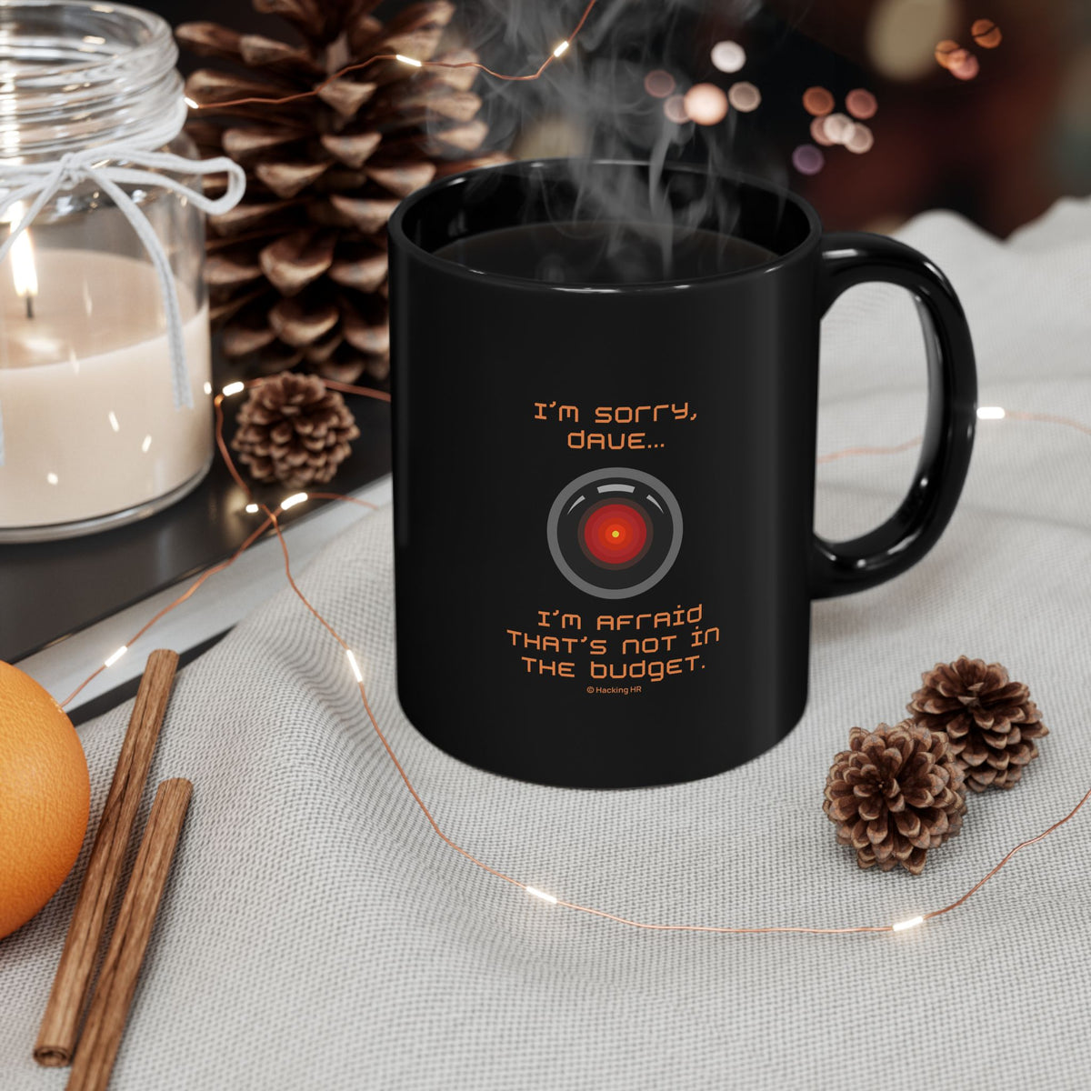 Black Mug - Retro HAL AI Design "I'm Sorry, Dave... That's Not In The Budget"