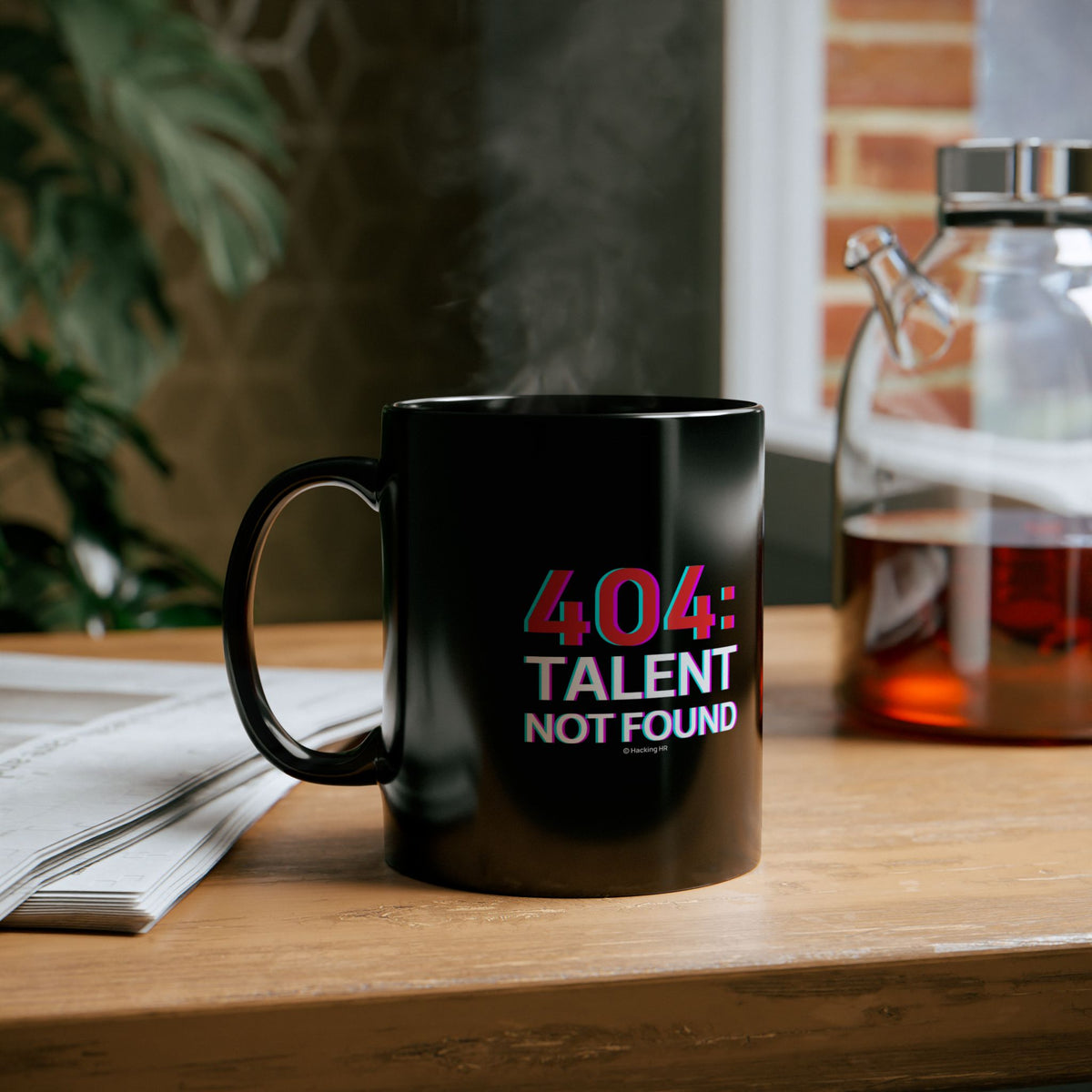 "404: Talent Not Found" Black Coffee Mug — Funny Programmer / Developer Gift
